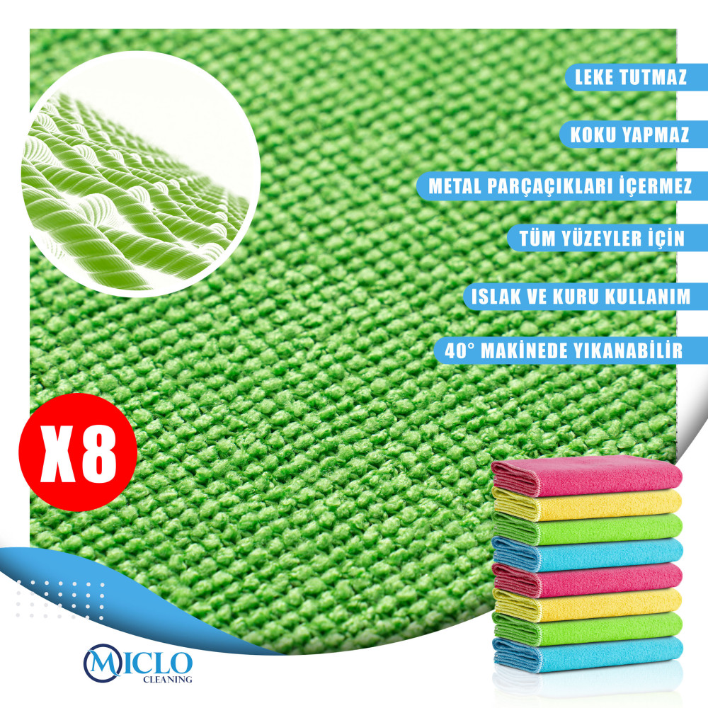Mikrofiber Temizlik Bezi | Klasik Serii | 250 GSM | Banyo, Mutfak Bezi | 4 Renk x8 Adet